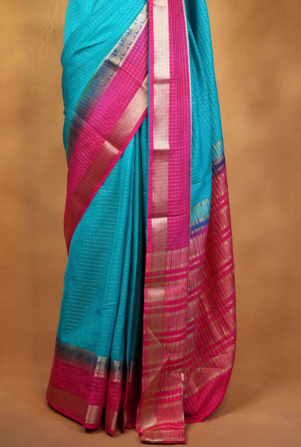 Binny Silk Saree | Sky Blue with Rani Pink Golden Zari Border | Festive & Casual Wear