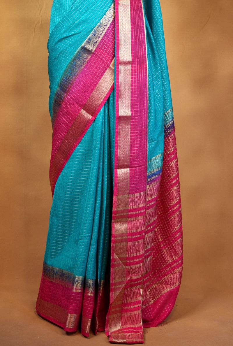 Binny Silk Saree | Sky Blue with Rani Pink Golden Zari Border | Festive & Casual Wear