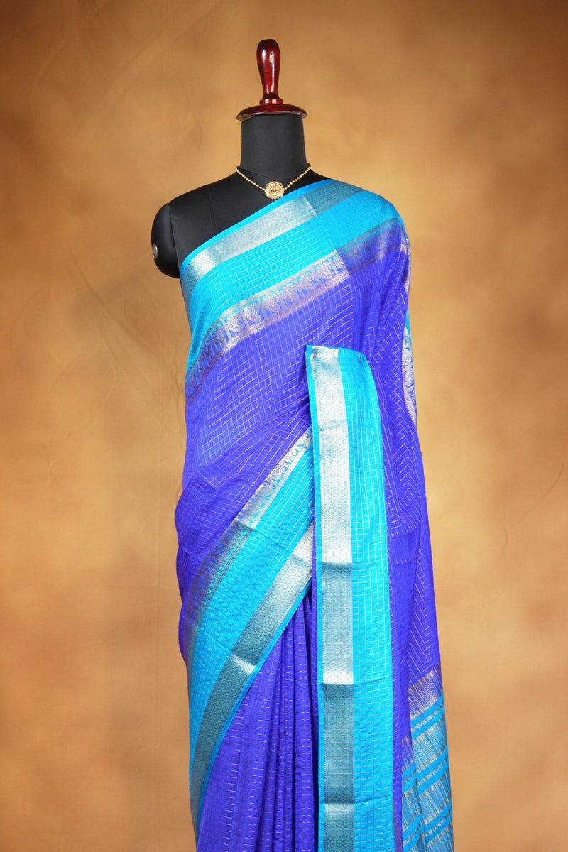 Binny Silk Saree | Royal Blue with Sky Blue Silver Zari Border | Festive & Casual Wear
