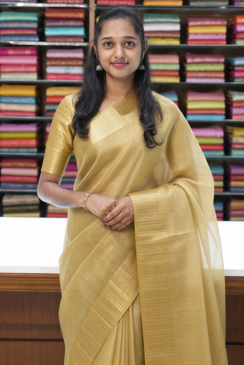 Antique Gold Tissue Saree | Sheer Lightweight with Zari Stripes Pallu | Pooja & Festive Wear