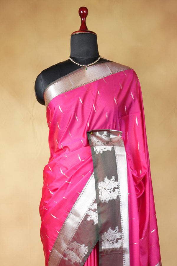 Rani Pink Soft Silk Saree | Bottle Green Contrast Pallu with Silver Elephant Motifs | Festive Wedding Saree