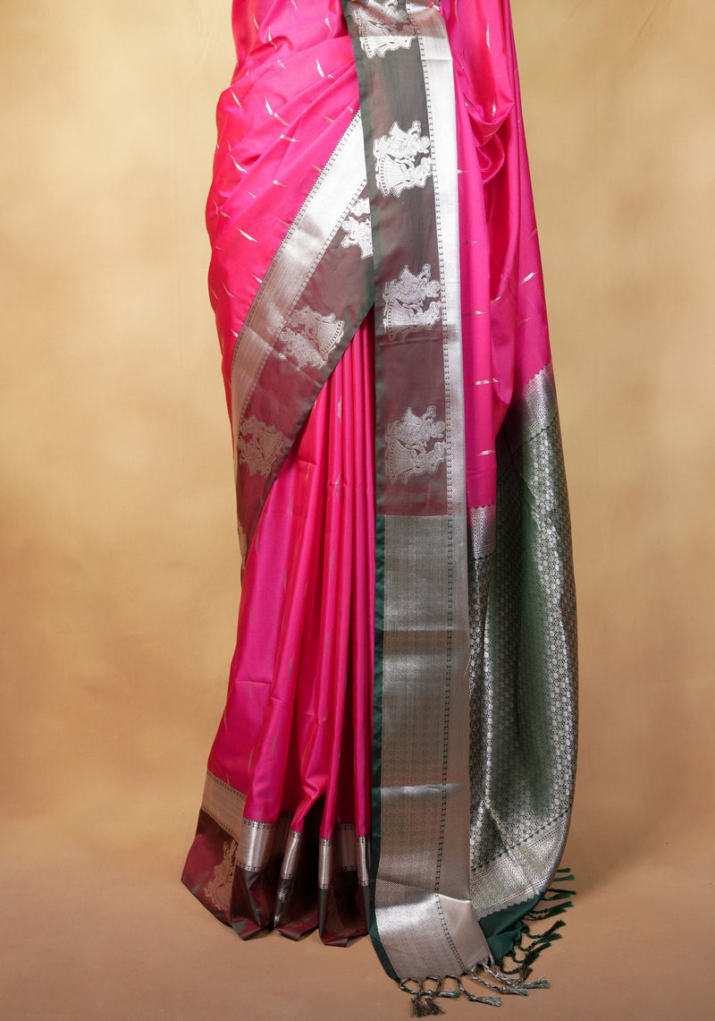Rani Pink Soft Silk Saree | Bottle Green Contrast Pallu with Silver Elephant Motifs | Festive Wedding Saree