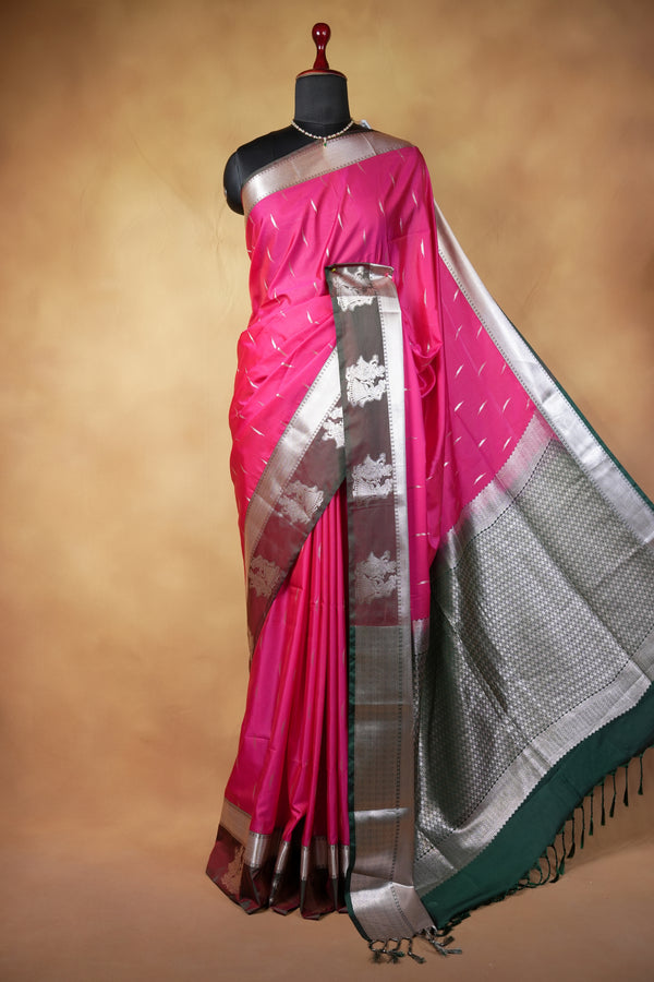 Rani Pink Soft Silk Saree | Bottle Green Contrast Pallu with Silver Elephant Motifs | Festive Wedding Saree