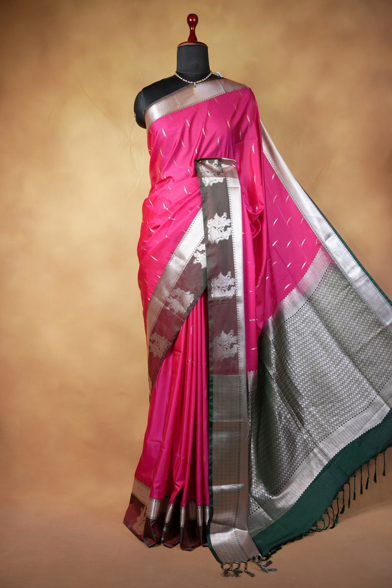 Rani Pink Soft Silk Saree | Bottle Green Contrast Pallu with Silver Elephant Motifs | Festive Wedding Saree