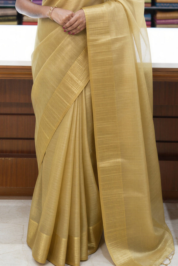 Antique Gold Tissue Saree | Sheer Lightweight with Zari Stripes Pallu | Pooja & Festive Wear