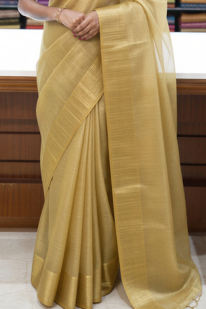 Antique Gold Tissue Saree | Sheer Lightweight with Zari Stripes Pallu | Pooja & Festive Wear