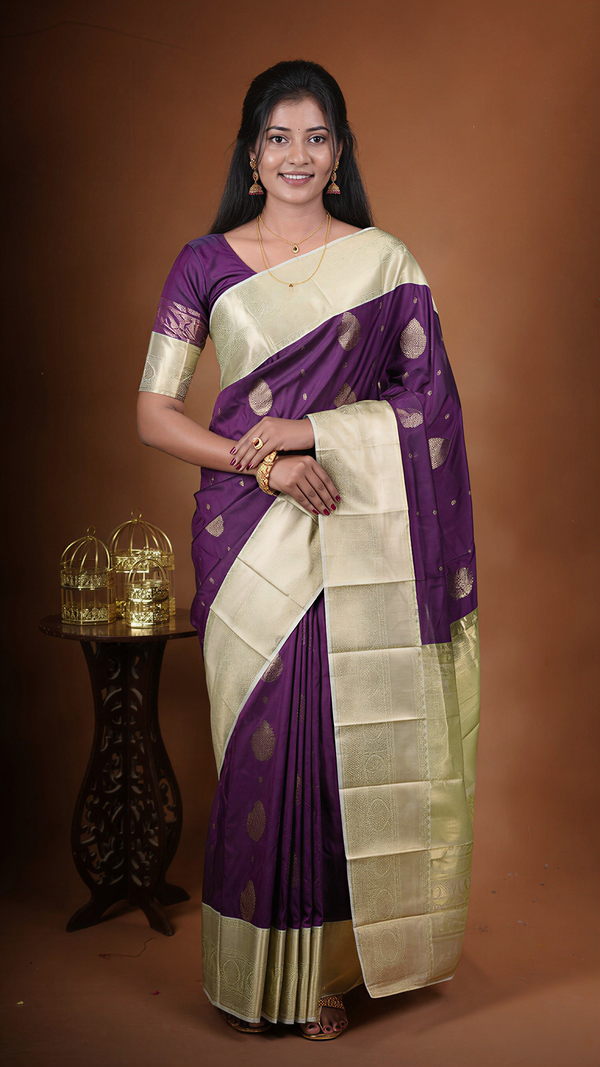 Purple Semi Silk Saree | Silver Zari Butta & Heavy Pallu | Grand Festive Occasion Wear