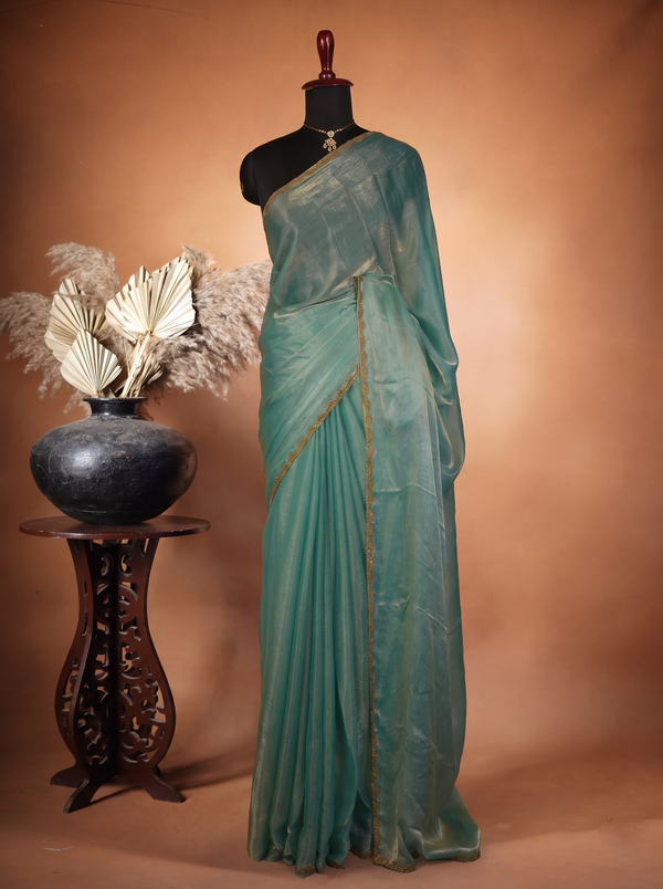 Space Silk Saree | Aqua Blue Solid with Scalloped Gold Trim | Elegant Party Wear