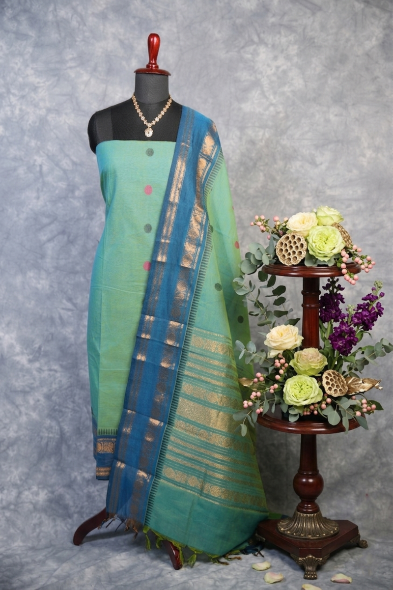 Aqua Green Cotton Chudi Set | Woven Border Dupatta Included | Festive & Casual Wear