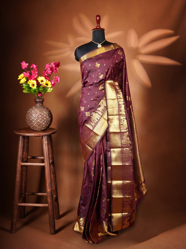 Maroon Art Silk Saree | Gold Zari Butti with Elephant Motif Border | Wedding & Festive Wear