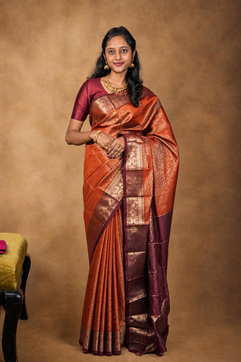 Rust Orange Art Silk Saree with Maroon Border | Gold Zari Brocade Weave | Bridal Guest & Party Wear