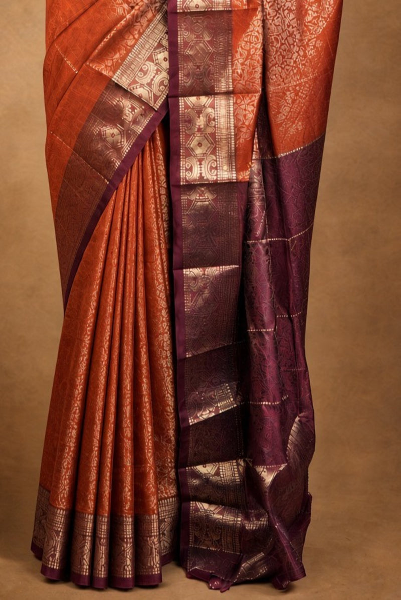 Rust Orange Art Silk Saree with Maroon Border | Gold Zari Brocade Weave | Bridal Guest & Party Wear