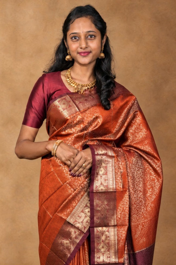 Rust Orange Art Silk Saree with Maroon Border | Gold Zari Brocade Weave | Bridal Guest & Party Wear
