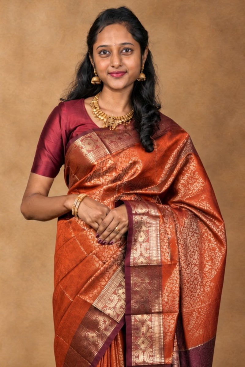 Rust Orange Art Silk Saree with Maroon Border | Gold Zari Brocade Weave | Bridal Guest & Party Wear