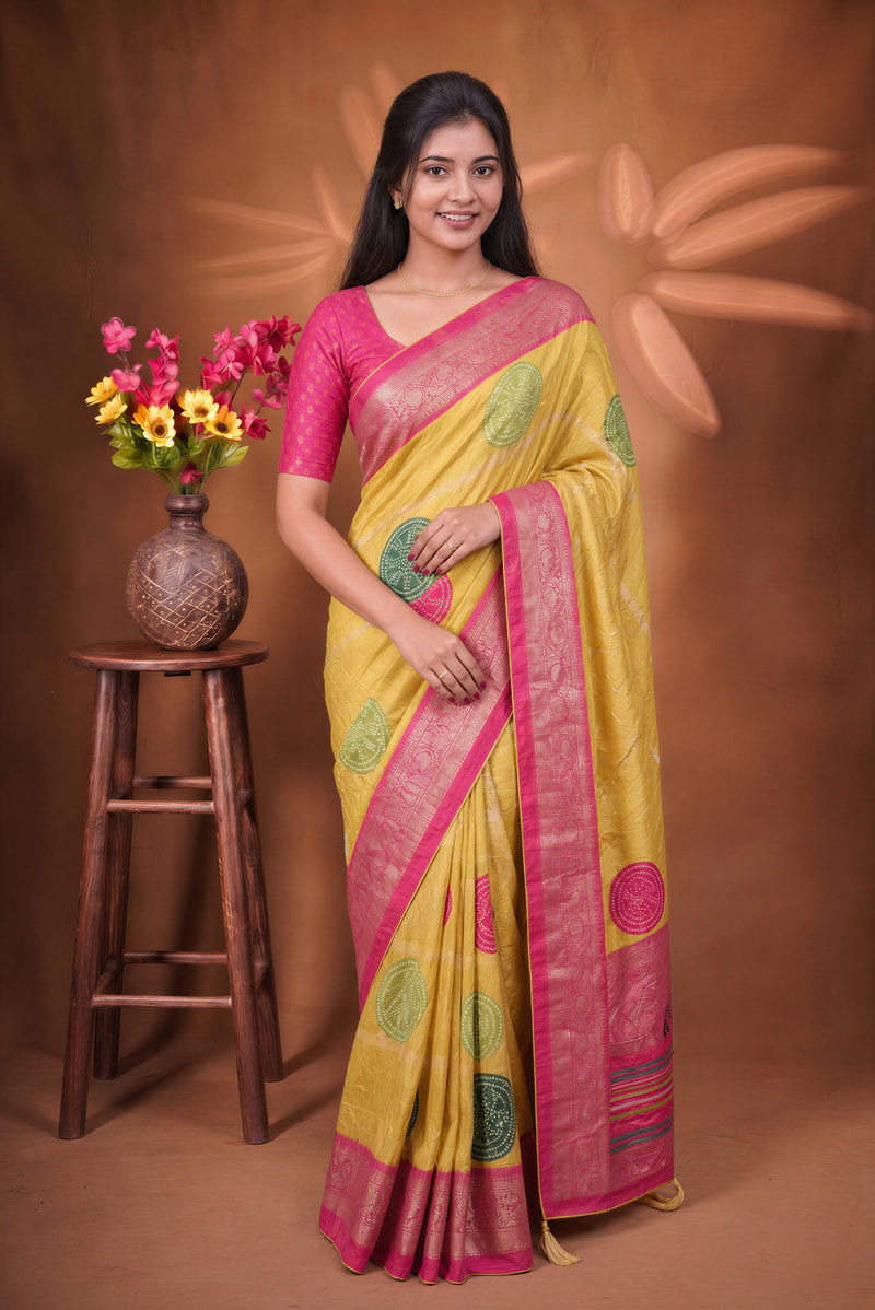 Yellow Bandhani Crush Saree with Pink Zari Border, Bandhej Print Silk Blend Saree with Tassels