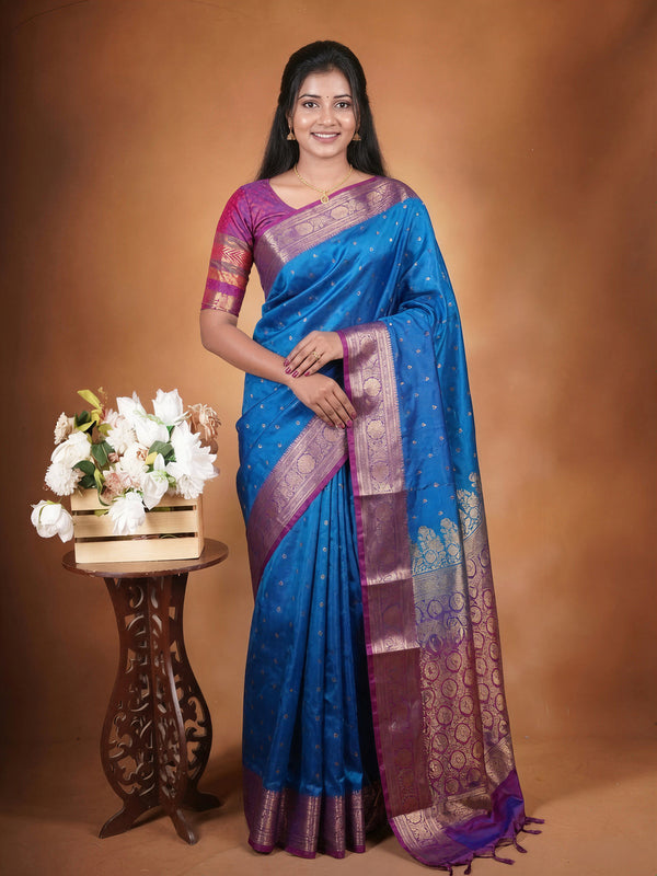 Peacock Blue Semi Banarasi Silk Saree | Gold Zari Butti Weave | Maroon Contrast Pallu Wedding Wear