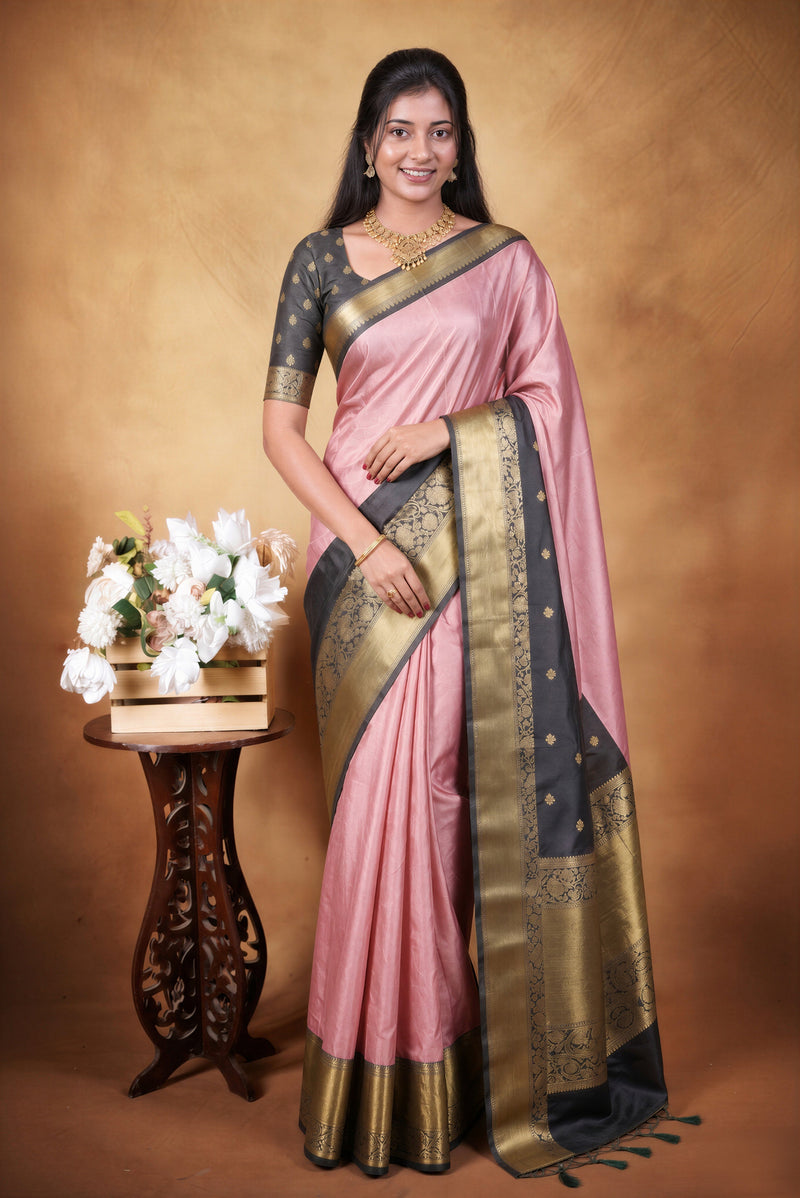 Banarasi Silk Saree | Baby Pink with Black Gold Zari Border | Wedding & Festive Wear