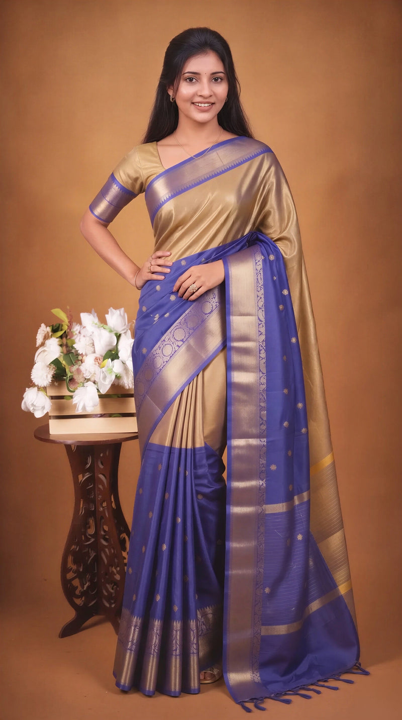 Banarasi Silk Saree | Antique Gold with Royal Blue Zari Border | Wedding & Festive Wear