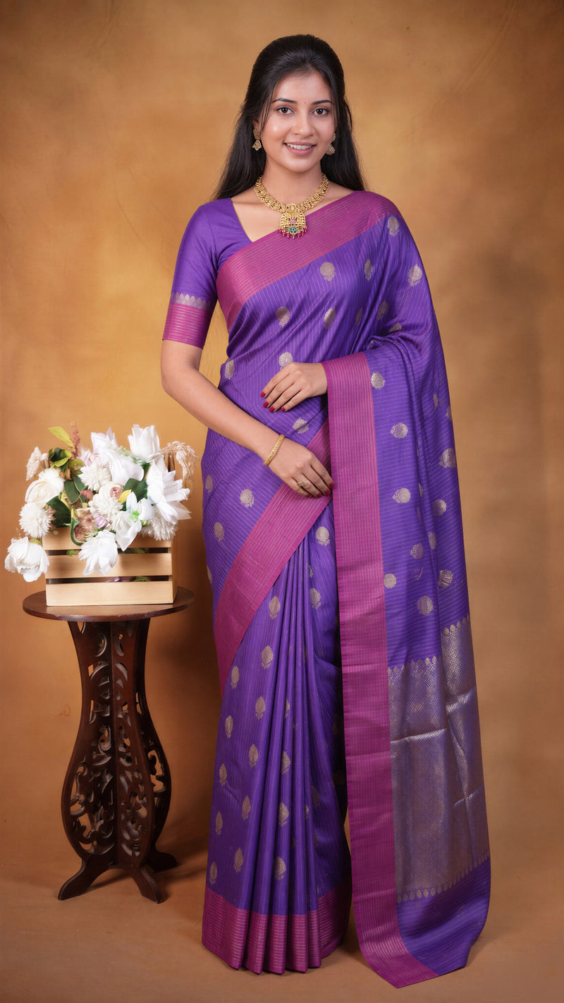 Banarasi Silk Saree | Violet with Magenta Zari Pallu | Traditional Wedding Saree