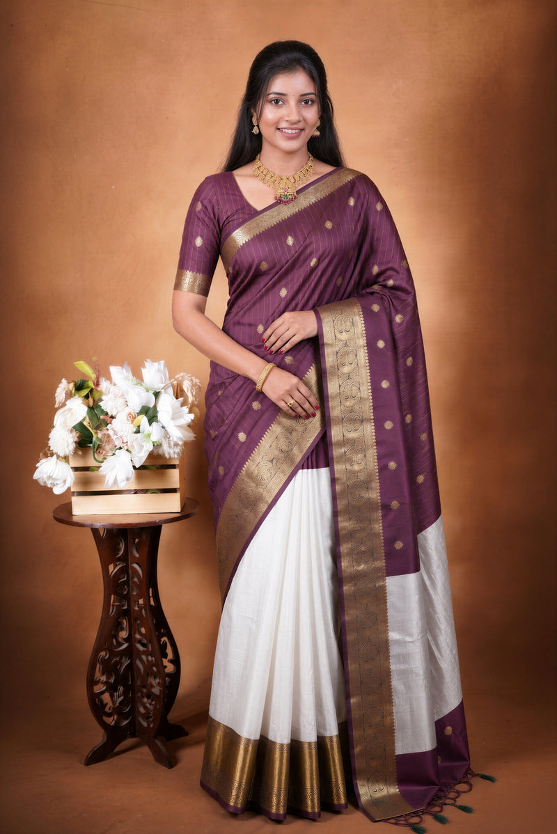 Banarasi Silk Saree | Plum Purple with Silver Grey Pallu & Rich Zari Border | Traditional Wedding Saree