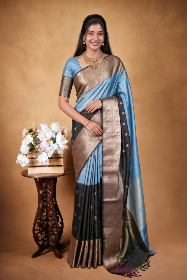 Glossy Blue Banarasi Silk Saree | Antique Gold Paisley Border with Gold Buta | Festive Ethnic Wear