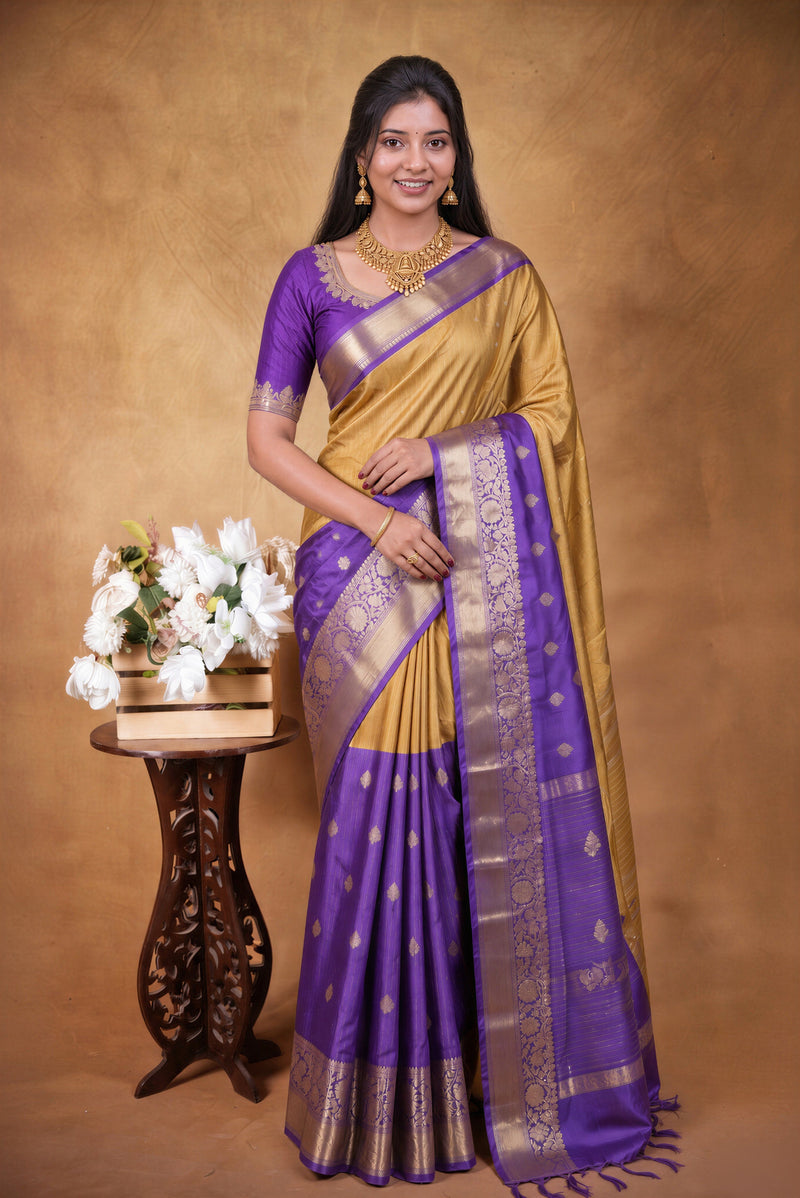Banarasi Silk Saree | Royal Purple with Mustard Gold Pallu & Silver Gold Zari Border | Wedding & Festive Wear