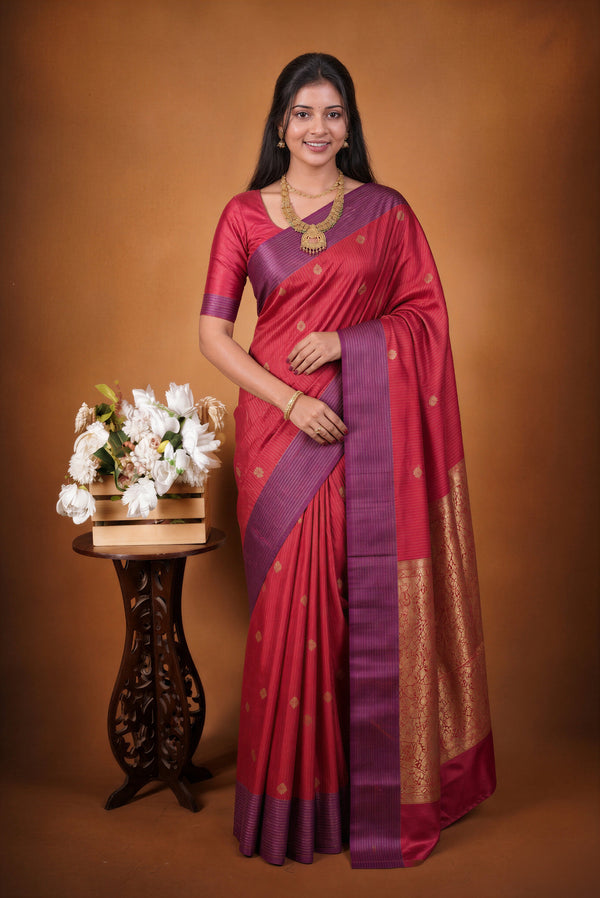 Red Banarasi Silk Saree | Gold Zari Buta with Contrast Purple Border | Bridal Wear