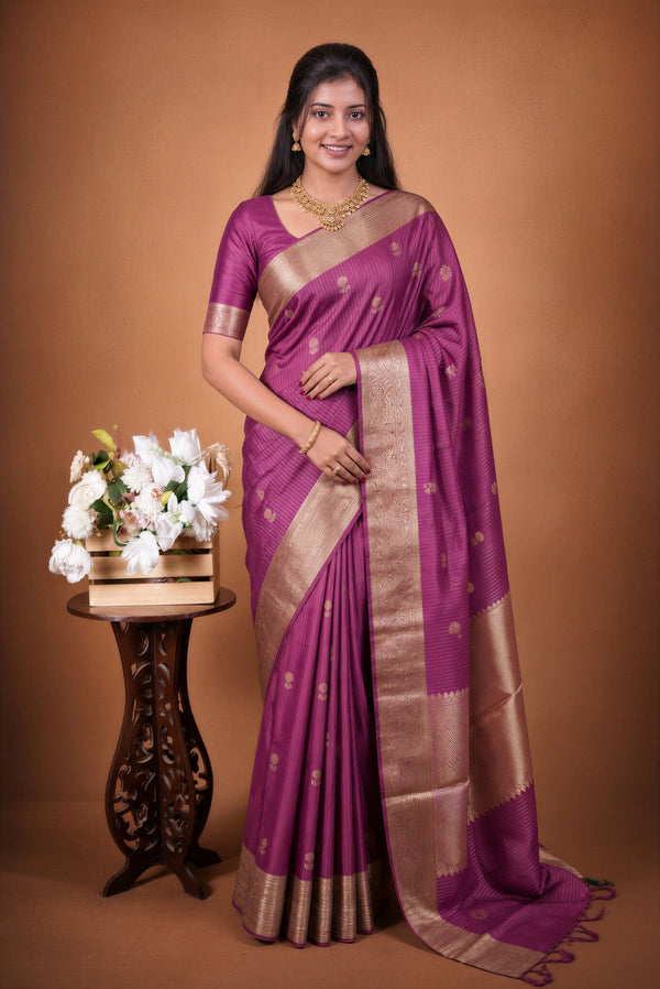 Banarasi Silk Saree | Purple with Beige Gold Striped Border | Wedding & Festive Wear
