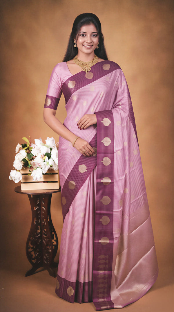 Banarasi Silk Saree | Lavender Pink with Wine Purple Zari Check Border | Wedding & Festive Wear