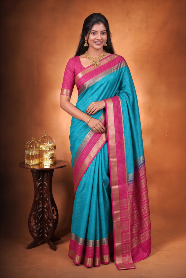 Binny Silk Saree | Sky Blue with Rani Pink Golden Zari Border | Festive & Casual Wear