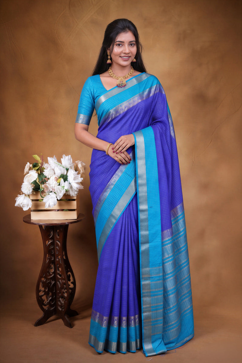 Binny Silk Saree | Royal Blue with Sky Blue Silver Zari Border | Festive & Casual Wear