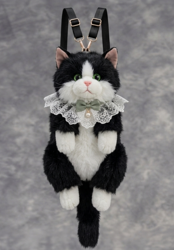 A black and white tuxedo cat plush backpack with a lace collar and bow, suspended against a gray textured background.