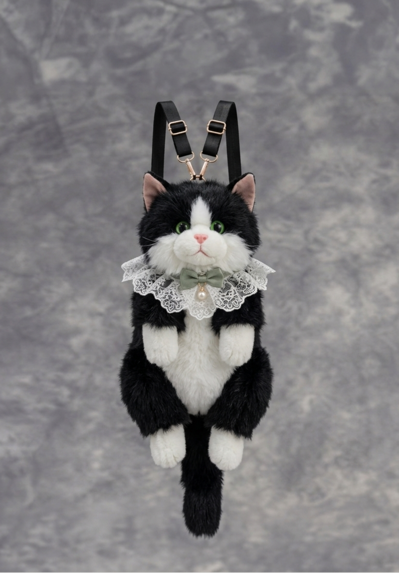 Small Size Black White Tuxedo Cat Plush Backpack | Kawaii Kitten Bag Meow Sound Sage Bow | Girls Fashion