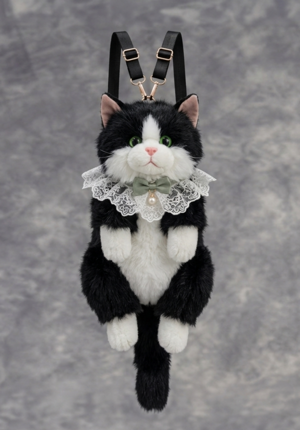Plush toy cat with suspenders and a lace collar on a gray background