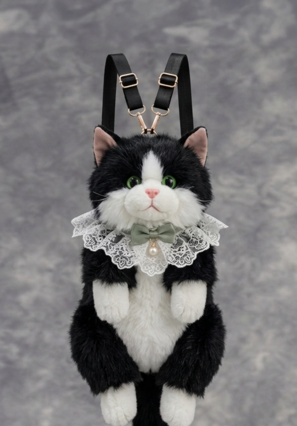 A black and white tuxedo cat plush backpack with a lace collar and bow, suspended against a gray textured background.