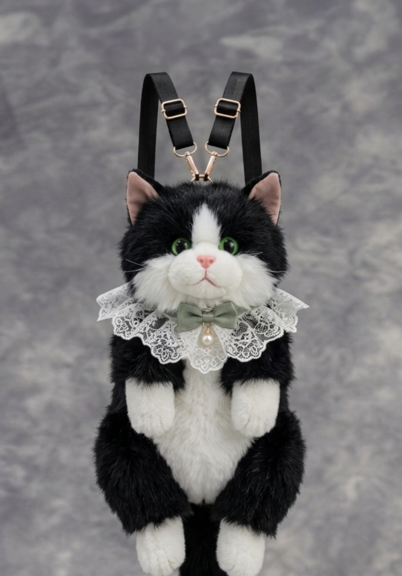 A black and white tuxedo cat plush backpack with a lace collar and bow, suspended against a gray textured background.