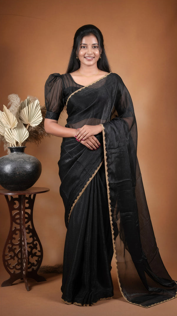 Black Space Silk Saree | Zari Border Plain Blouse | Modern Festive & Party Wear