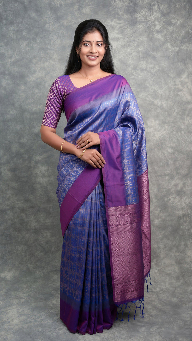 Ice Blue Soft Silk Saree | All-Over Zari Check Silver Buttas Purple Zari Border | South Indian Festive