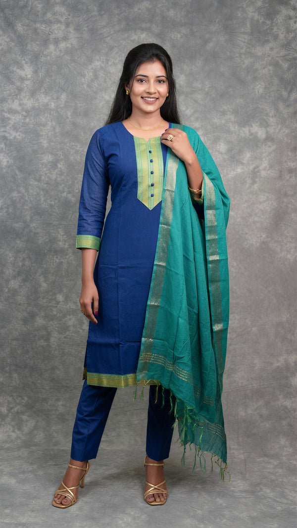 Royal Blue Cotton Chudithar Set | Brocade Yoke Aqua Dupatta Gold Border | Office & Festive Wear