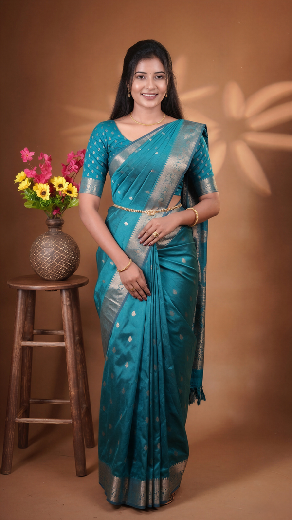 Langa Voni Half Saree | Teal with Silver Zari Border | South Indian Function & Festive Wear