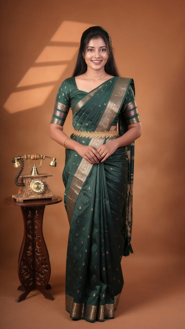 A woman wearing a dark green saree with gold zari patterns and a matching blouse, standing in front of a warm brown studio backdrop. A small wooden table with a vintage rotary telephone is to her left.