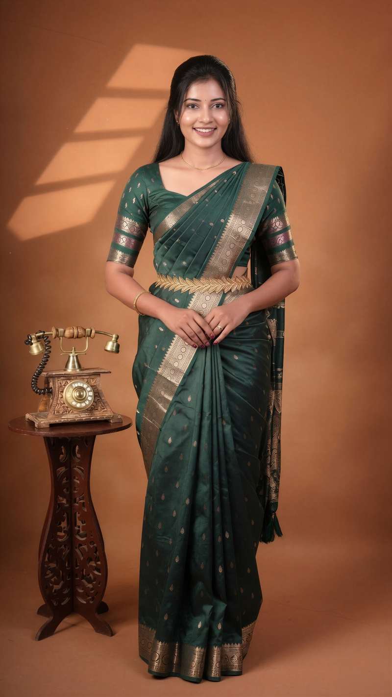 A woman wearing a dark green saree with gold zari patterns and a matching blouse, standing in front of a warm brown studio backdrop. A small wooden table with a vintage rotary telephone is to her left.