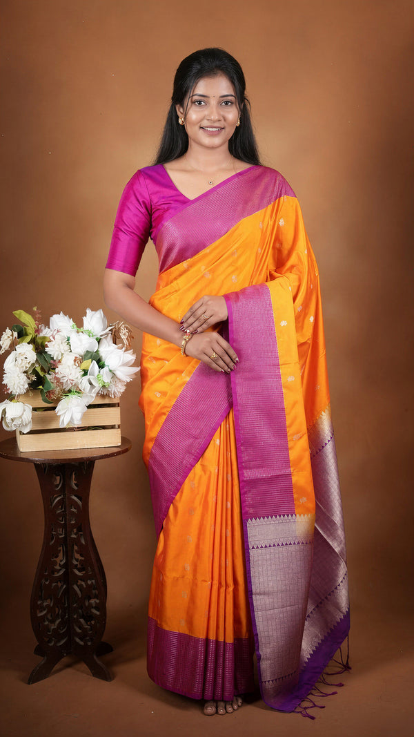 Bright Yellow Soft Silk Saree | Lurex Check Body Pink Border | Festive Party Wear