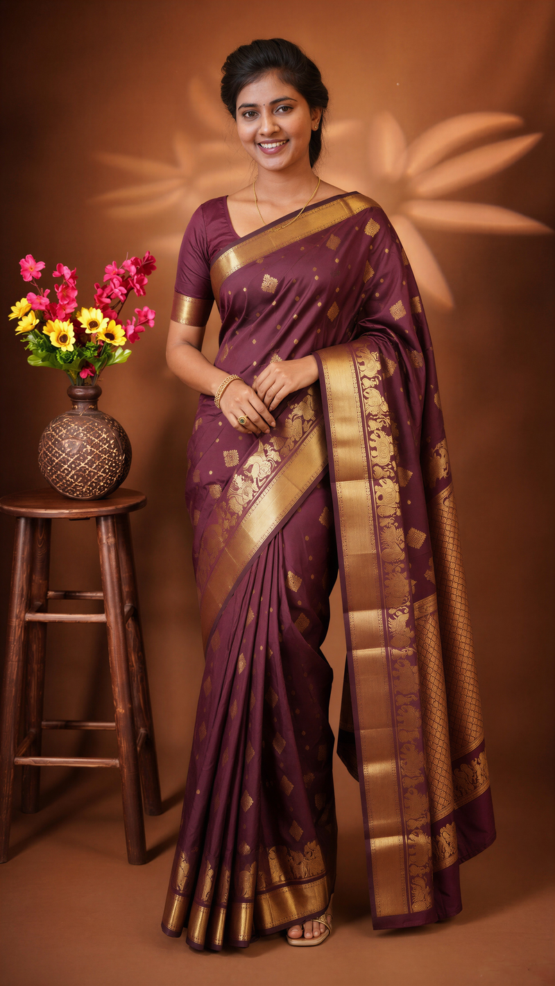 Maroon Art Silk Saree | Gold Zari Butti with Elephant Motif Border | Wedding & Festive Wear