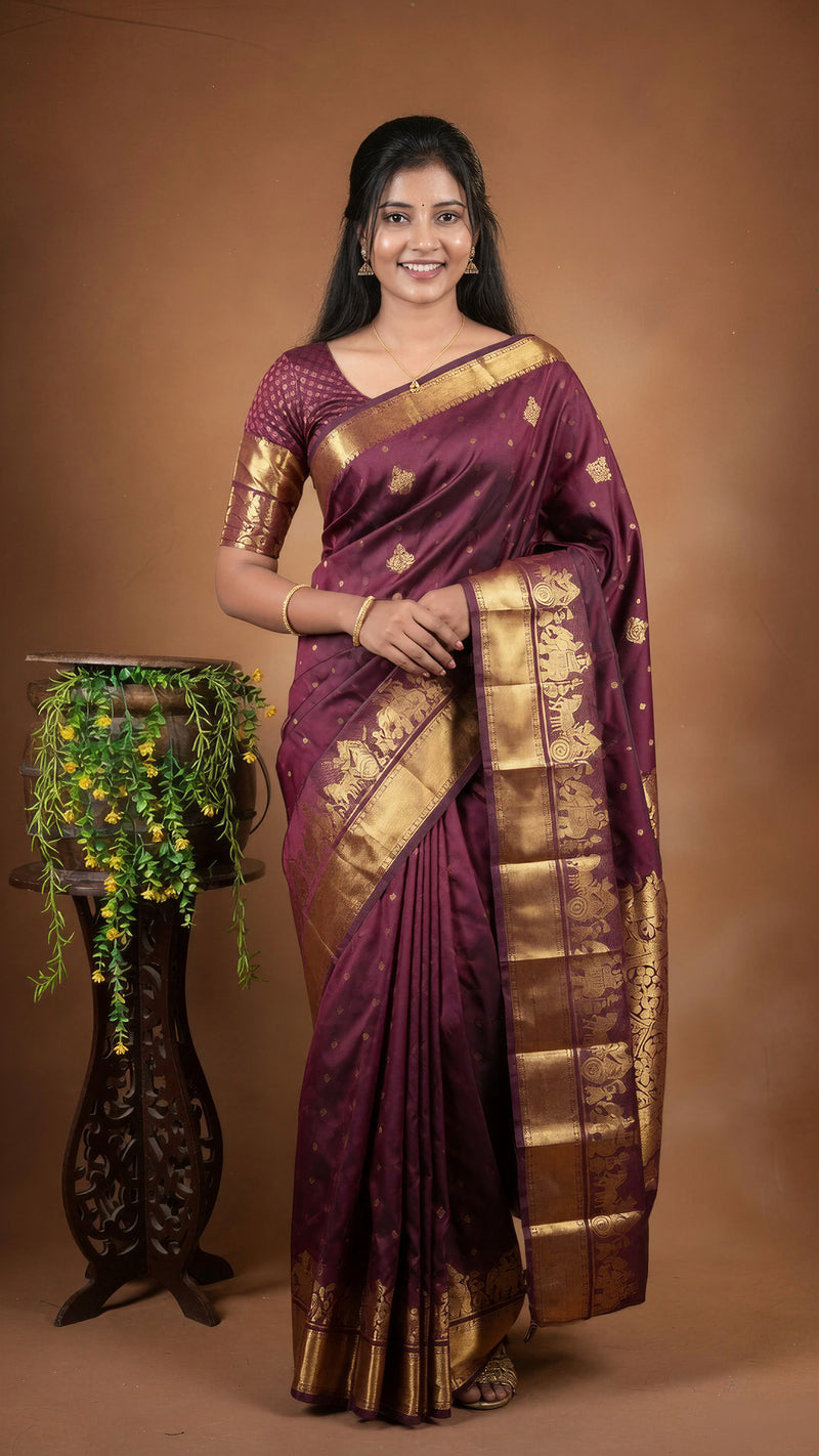 A woman modeling a traditional Indian saree in deep purple with ornate gold zari embroidery, standing against a warm brown studio backdrop next to a decorative plant stand.