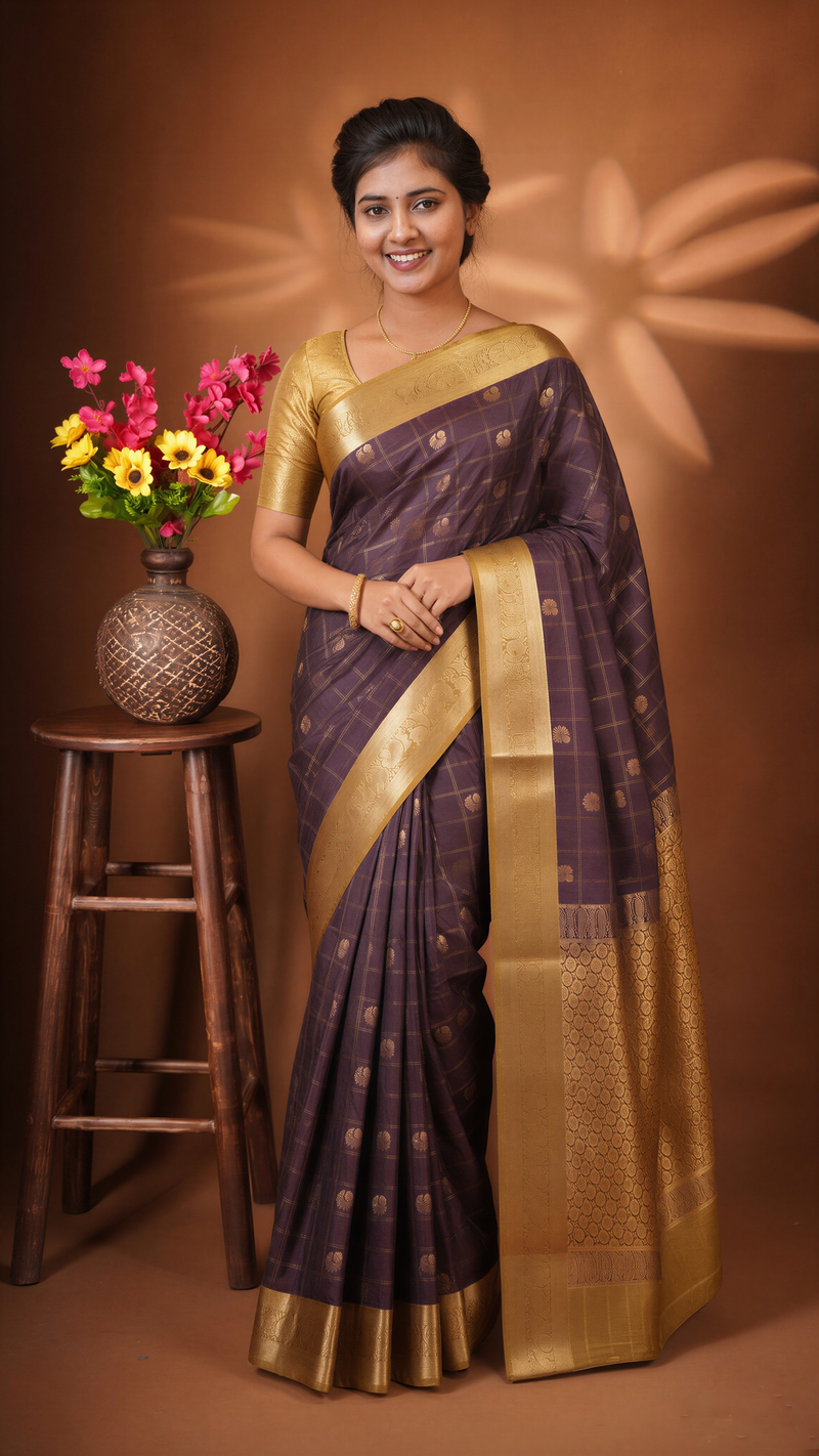 A woman wearing a dark purple and gold zari saree stands in front of a warm brown backdrop, with a wooden stool and vase of flowers to her side.