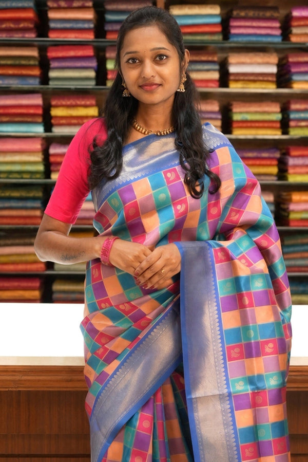 Fancy Cotton Saree | Multicolour Check with Royal Blue Silver Gold Zari Border & Pallu | Festive Wear