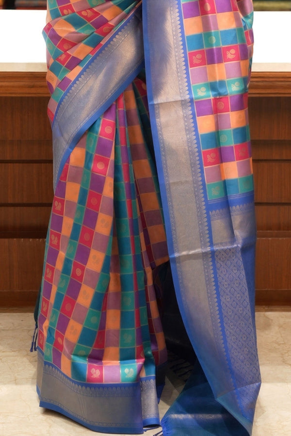Fancy Cotton Saree | Multicolour Check with Royal Blue Silver Gold Zari Border & Pallu | Festive Wear