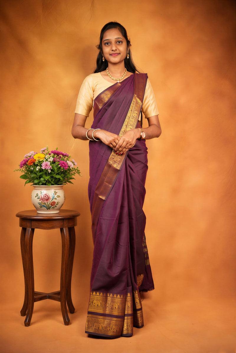 Chettinad Cotton Saree | Maroon with Gold Zari Elephant Border | Daily & Festive Wear
