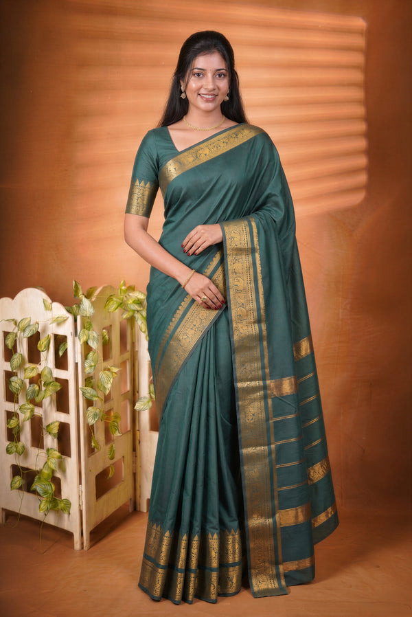 Chettinad Cotton Saree | Bottle Green with Wide Gold Zari Temple Border & Pallu | Daily & Festive Wear